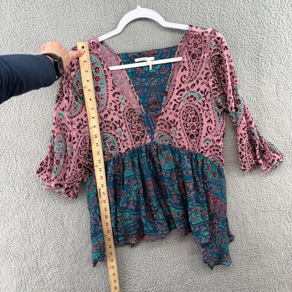 Floreat Anthropologie Silk Velvet Burnout Paisley Babydoll Top Small Boho - Picture 6 of 14